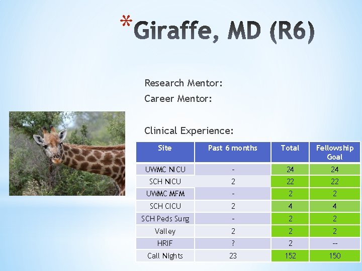 * Research Mentor: Career Mentor: Clinical Experience: Site Past 6 months Total Fellowship Goal