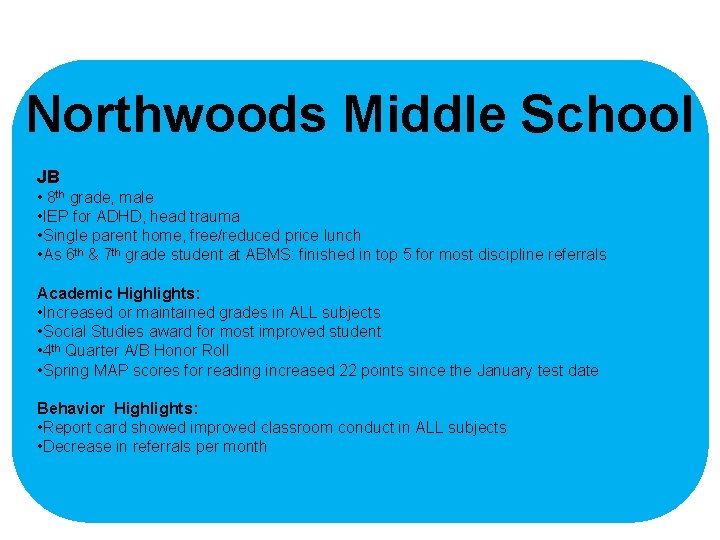 Northwoods Middle School JB • 8 th grade, male • IEP for ADHD, head
