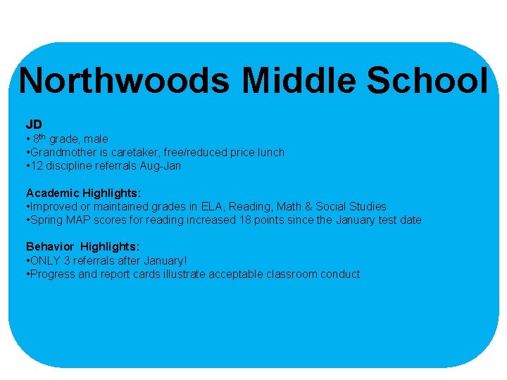 Northwoods Middle School JD • 8 th grade, male • Grandmother is caretaker, free/reduced