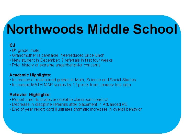 Northwoods Middle School CJ • 6 th grade, male • Grandmother is caretaker, free/reduced