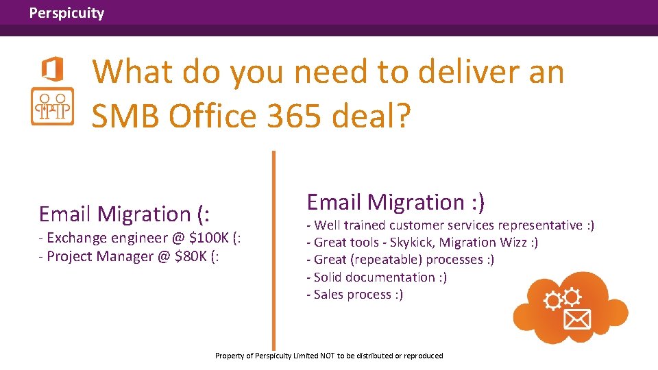 Perspicuity What do you need to deliver an SMB Office 365 deal? Email Migration