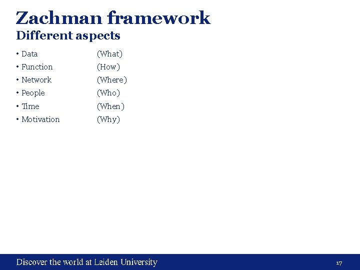 Zachman framework Different aspects • Data (What) • Function (How) • Network (Where) •