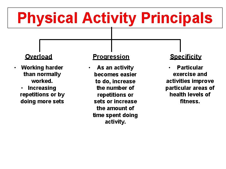 Physical Activity Principals Overload • Working harder than normally worked. • Increasing repetitions or