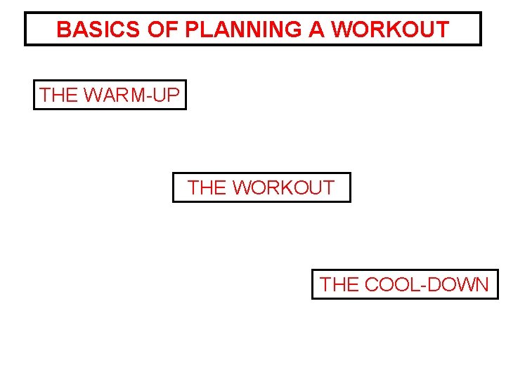 BASICS OF PLANNING A WORKOUT THE WARM-UP THE WORKOUT THE COOL-DOWN 