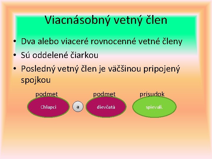 Viacnásobný vetný člen • Dva alebo viaceré rovnocenné vetné členy • Sú oddelené čiarkou