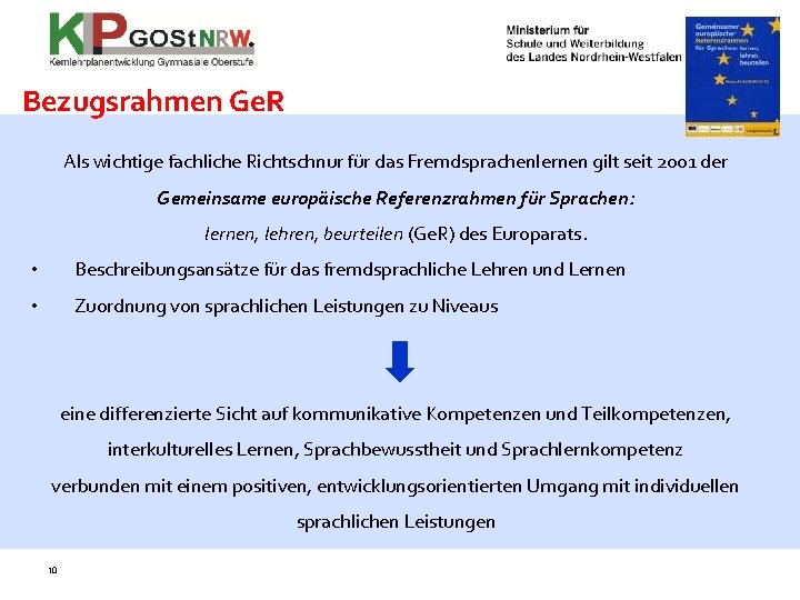 Bezugsrahmen Ge. R Als wichtige fachliche Richtschnur für das Fremdsprachenlernen gilt seit 2001 der