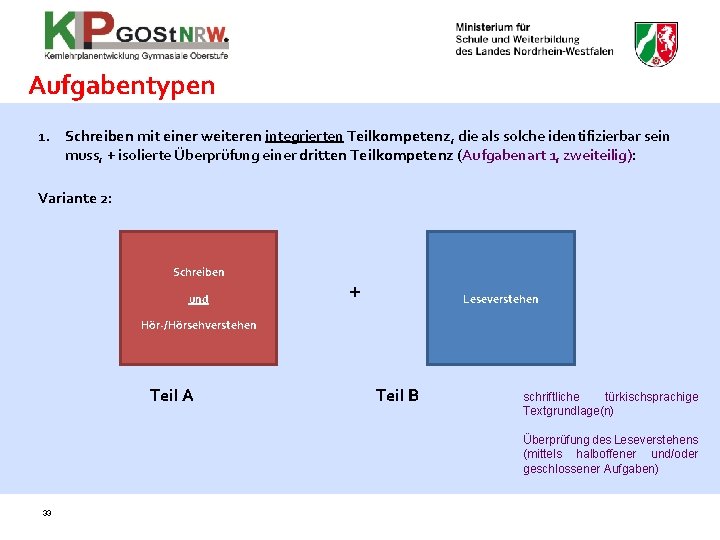 Aufgabentypen 1. Schreiben mit einer weiteren integrierten Teilkompetenz, die als solche identifizierbar sein muss,