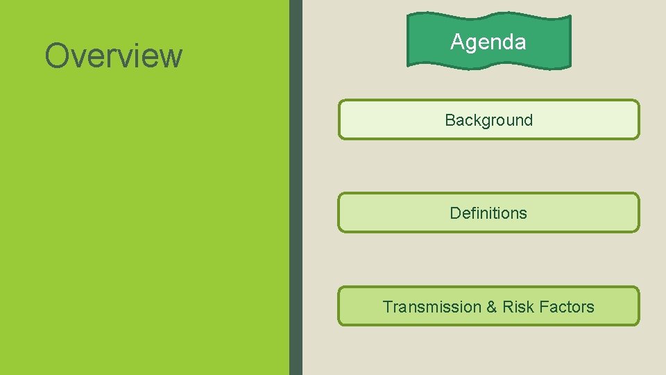 Overview Agenda Background Definitions Transmission & Risk Factors 