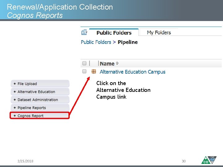 Renewal/Application Collection Cognos Reports Click on the Alternative Education Campus link 2/15/2018 30 