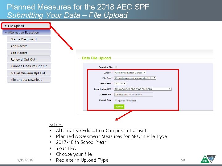 Planned Measures for the 2018 AEC SPF Submitting Your Data – File Upload 2/15/2018