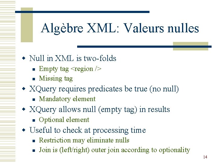 Algèbre XML: Valeurs nulles w Null in XML is two-folds n n Empty tag