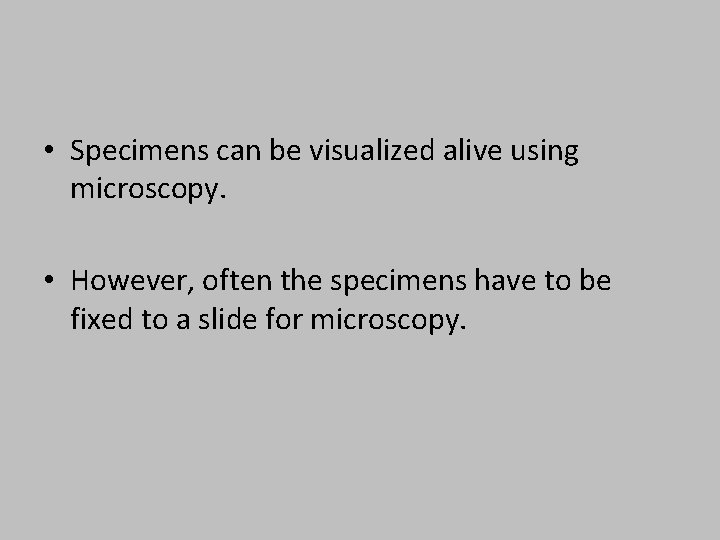  • Specimens can be visualized alive using microscopy. • However, often the specimens