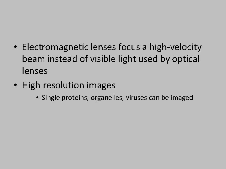  • Electromagnetic lenses focus a high-velocity beam instead of visible light used by