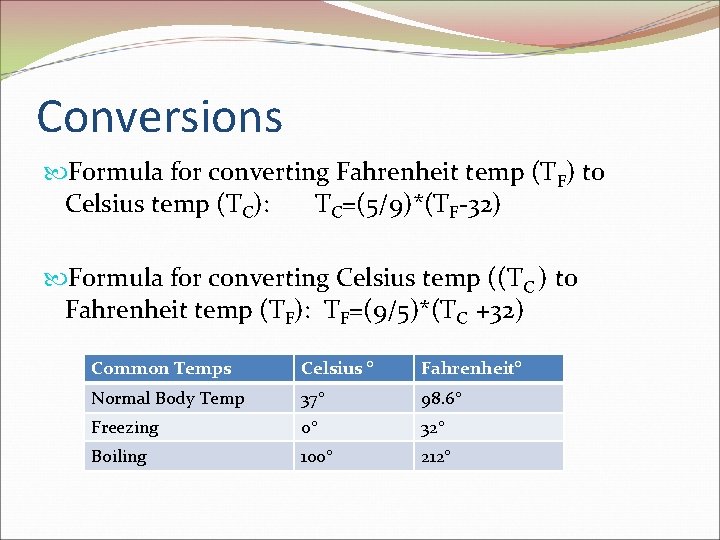 Conversions Formula for converting Fahrenheit temp (TF) to Celsius temp (TC): TC=(5/9)*(TF-32) Formula for