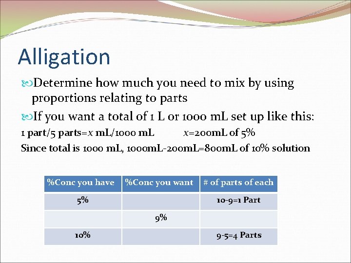 Alligation Determine how much you need to mix by using proportions relating to parts