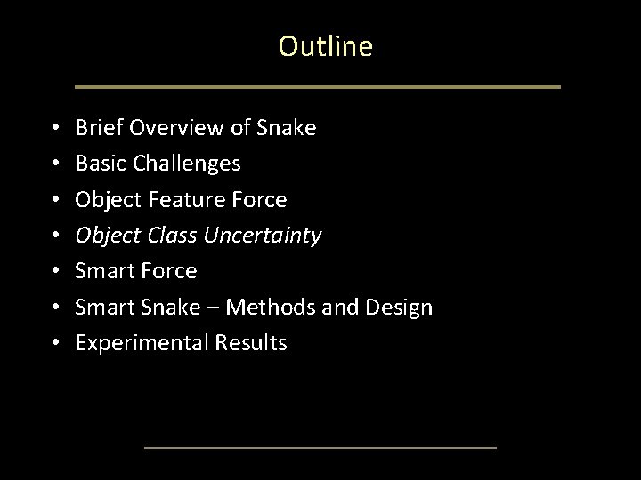 Outline • • Brief Overview of Snake Basic Challenges Object Feature Force Object Class Outline • • Brief Overview of Snake Basic Challenges Object Feature Force Object Class
