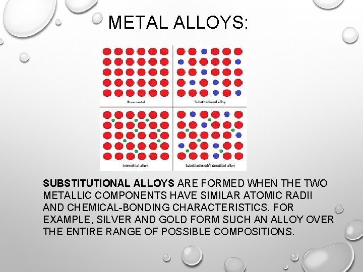 METAL ALLOYS: SUBSTITUTIONAL ALLOYS ARE FORMED WHEN THE TWO METALLIC COMPONENTS HAVE SIMILAR ATOMIC