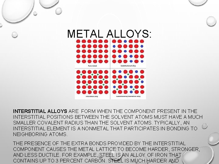 METAL ALLOYS: INTERSTITIAL ALLOYS ARE FORM WHEN THE COMPONENT PRESENT IN THE INTERSTITIAL POSITIONS