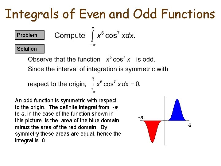 Integrals of Even and Odd Functions Problem Solution An odd function is symmetric with