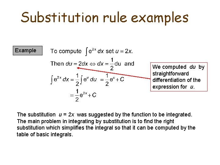Substitution rule examples Example We computed du by straightforward differentiation of the expression for