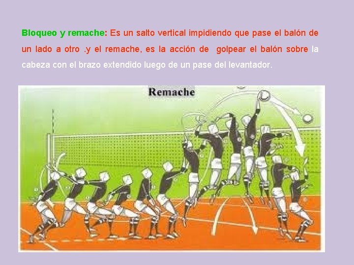 Bloqueo y remache: Es un salto vertical impidiendo que pase el balón de un