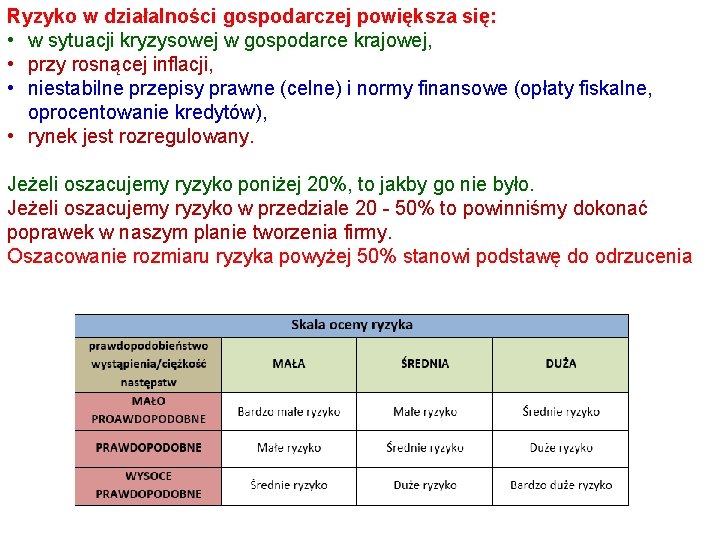 Ryzyko w działalności gospodarczej powiększa się: • w sytuacji kryzysowej w gospodarce krajowej, •