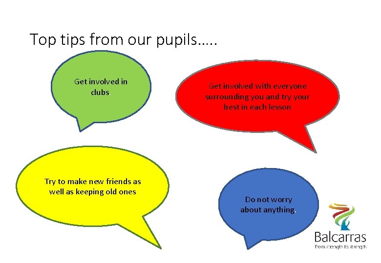 Top tips from our pupils…. . Get involved in clubs. Try to make new