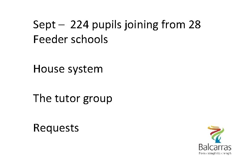 Sept – 224 pupils joining from 28 Feeder schools House system The tutor group