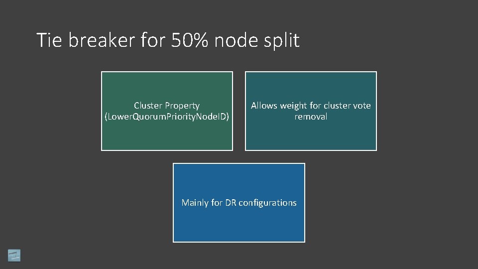 Tie breaker for 50% node split Cluster Property (Lower. Quorum. Priority. Node. ID) Allows