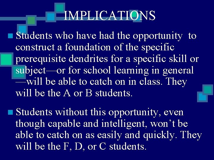 IMPLICATIONS n Students who have had the opportunity to construct a foundation of the