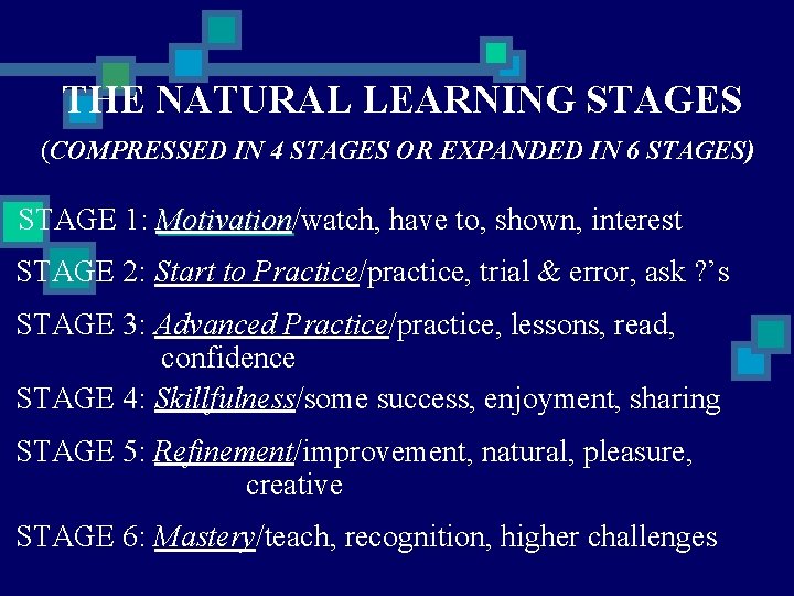 THE NATURAL LEARNING STAGES (COMPRESSED IN 4 STAGES OR EXPANDED IN 6 STAGES) STAGE