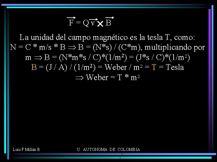 F=Qv B La unidad del campo magnético es la tesla T, como: N =