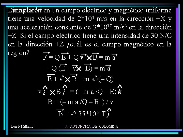 Un electrón Ejemplo 7. 5 en un campo eléctrico y magnético uniforme tiene una