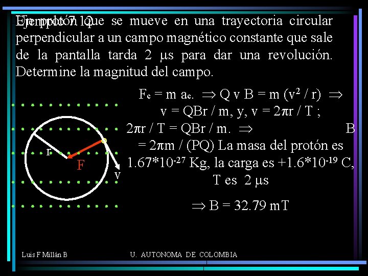 Un protón que se mueve en una trayectoria circular Ejemplo 7. 12 perpendicular a