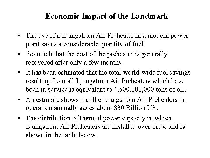 Economic Impact of the Landmark • The use of a Ljungström Air Preheater in