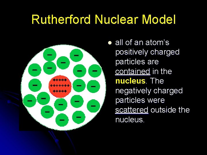 Rutherford Nuclear Model l all of an atom’s positively charged particles are contained in