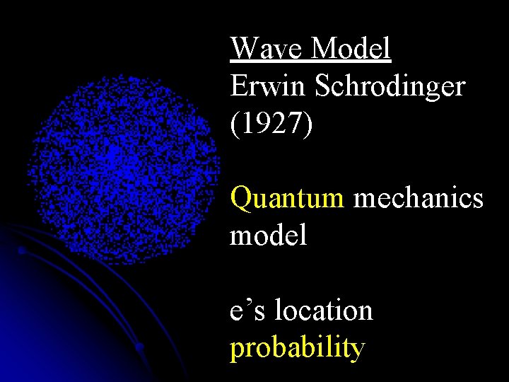Wave Model Erwin Schrodinger (1927) Quantum mechanics model e’s location probability 