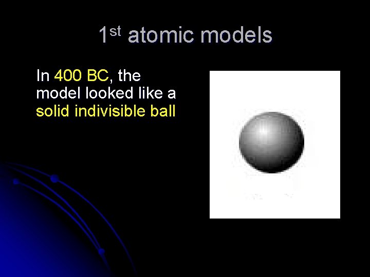 1 st atomic models In 400 BC, the model looked like a solid indivisible
