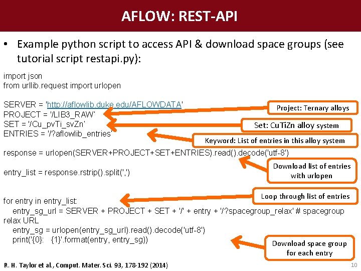 AFLOW: REST-API • Example python script to access API & download space groups (see