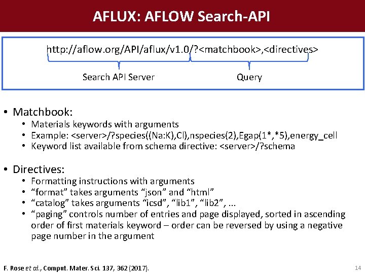 AFLUX: AFLOW Search-API http: //aflow. org/API/aflux/v 1. 0/? <matchbook>, <directives> Search API Server Query
