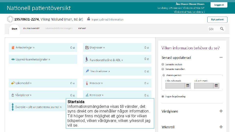 Startsida Informationsmängderna visas till vänster, det syns direkt om de innehåller någon information. Till