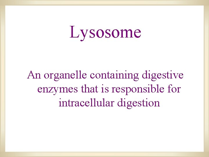 Lysosome An organelle containing digestive enzymes that is responsible for intracellular digestion Lysosome An organelle containing digestive enzymes that is responsible for intracellular digestion
