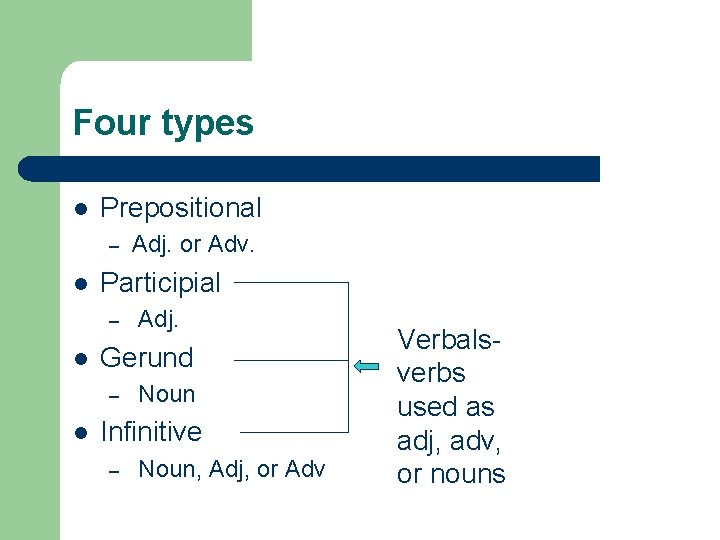 Four types l Prepositional – l Participial – l Adj. Gerund – l Adj.