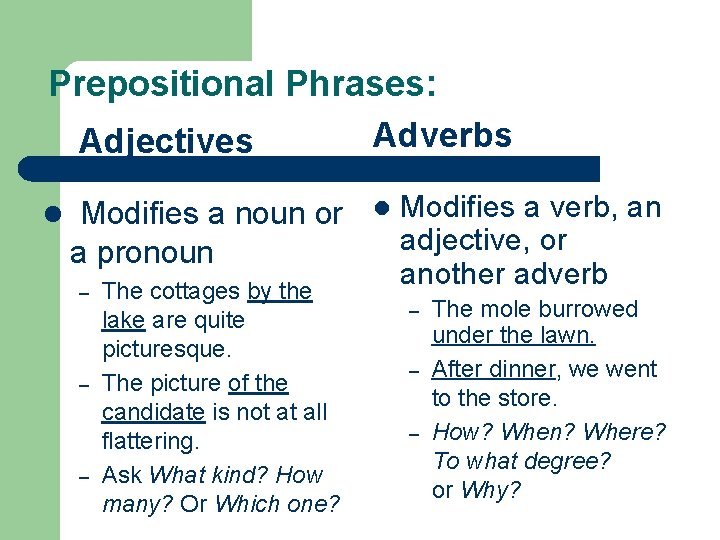 Prepositional Phrases: Adverbs Adjectives l Modifies a noun or a pronoun – – –