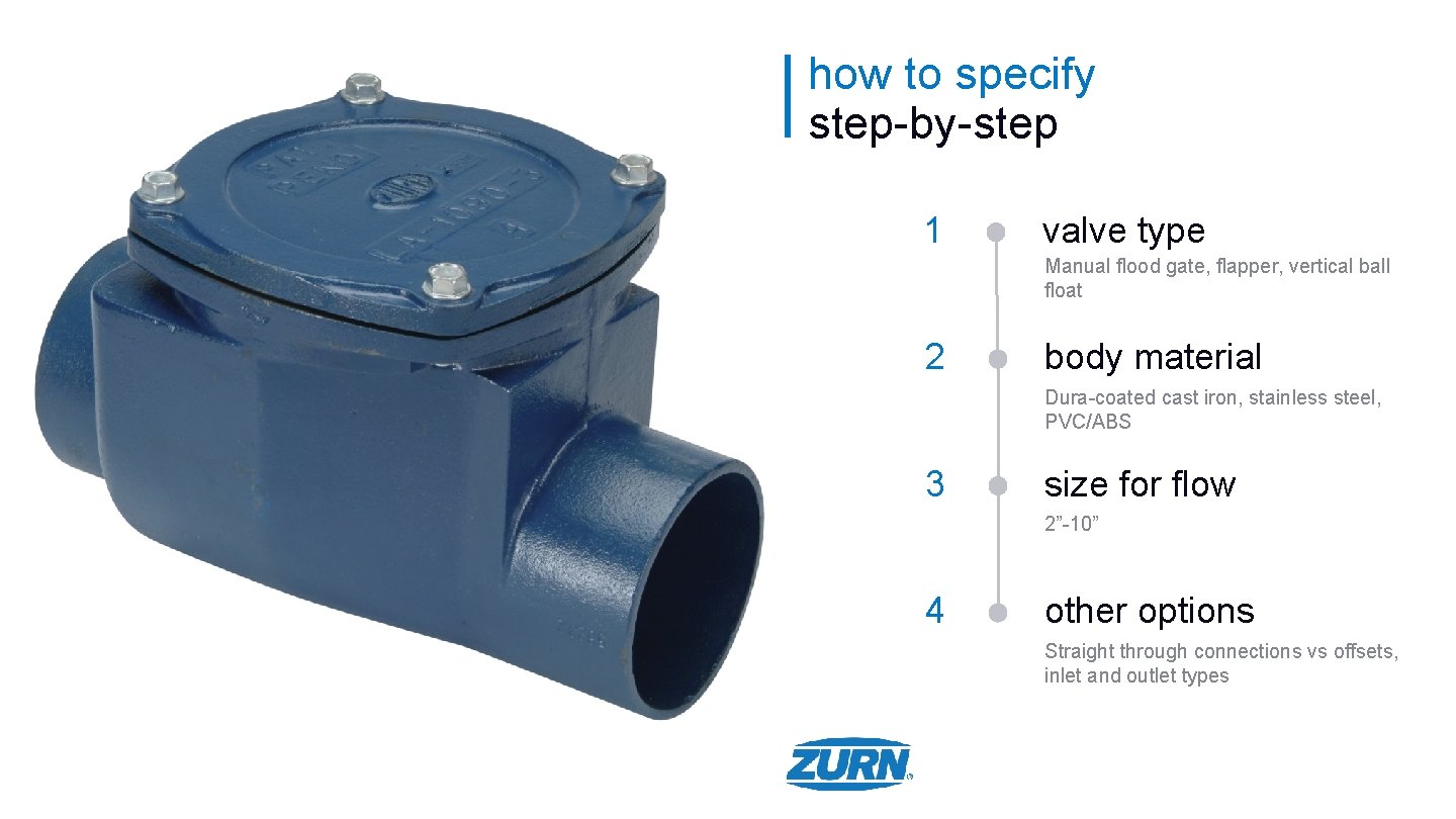 how to specify step-by-step 1 valve type Manual flood gate, flapper, vertical ball float