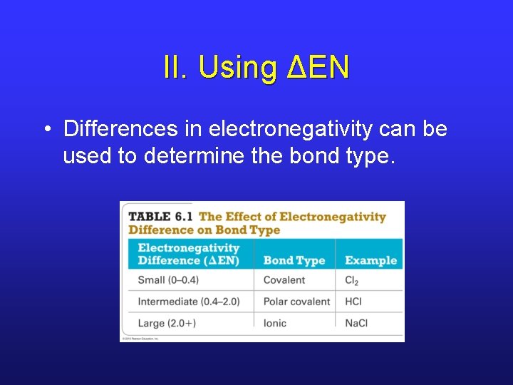 II. Using ΔEN • Differences in electronegativity can be used to determine the bond
