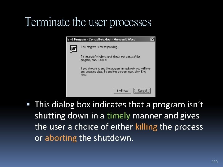 Terminate the user processes This dialog box indicates that a program isn’t shutting down