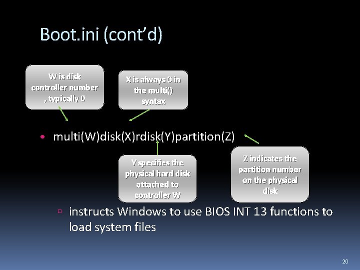 Boot. ini (cont’d) W is disk controller number , typically 0 X is always