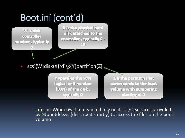 Boot. ini (cont’d) W is disk controller number , typically 0 X is the