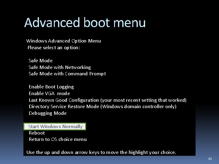 Advanced boot menu Windows Advanced Option Menu Please select an option: Safe Mode with